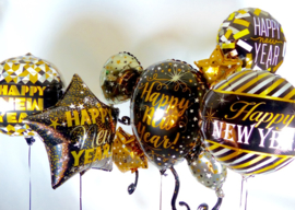 Happy New Year ballon - Confetti - Goud / Zilver / Zwart - folie Ballon -  18 Inch / 45 cm