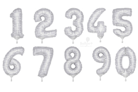 Cijfer - 1, 2, 3, 4, 5, 6, 7, 8, 9, ,0 - Zilver met Witte Stippen - XXL Folie Ballon - Nummer - 34inch./86cm