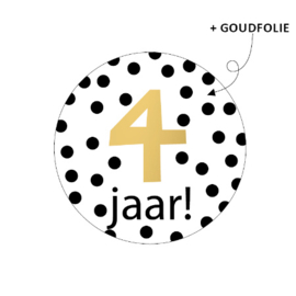 Sluitsticker hoera 4 jaar, stippen wit/zwart/goud