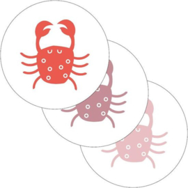 Drie ronde sluitstickers krab Rood / Oudroze / Roze, ocean