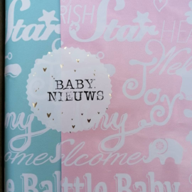 Inpakpapier chalkboard één zijde rose met witte babytermen en afbeeldingen en de andere zijde blauw