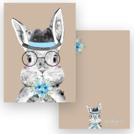 A7 Minikaartje Boho Bunny met hoed, blauw