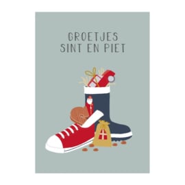 Ansichtkaart schoen zetten , groetjes Sint en Piet