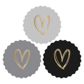 Set van drie  hartjes  (sluit)stickers, dark met goud hart