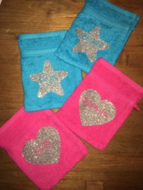 Washandje met glitter ster of hart met naam