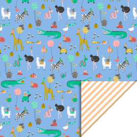 Dubbelzijdig Inpakpapier Party Animals Blue - Stripe Orange 70x 300 cm