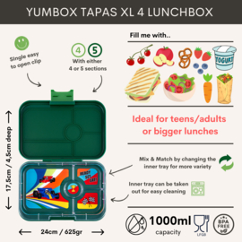 Yumbox Tapas XL -Greenwich Green / Race Cars tray - 4 vakken