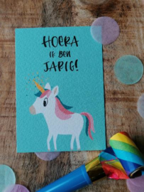 A7 Minikaartje hoera ik ben jarig met een unicorn, traktatie kaartje