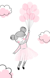 Minikaartje  meisje vliegt met roze  ballonnen