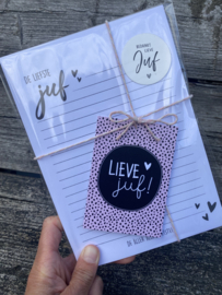 Cadeauset notitieblok en sticker vel voor de liefste juf - lieve juf!