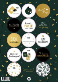 Stickervel kerst goud, 15 ronde sluit/cadeaustickers