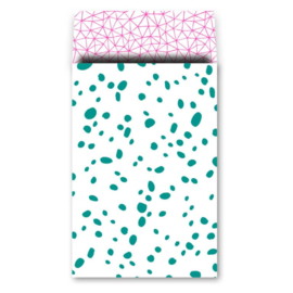 Wit cadeauzakje met mint kleurige confetti en een neon rose patroon aan de binnenkant 17x27 cm  (L)