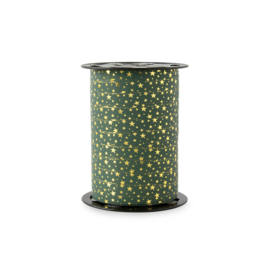 78. groen paporlene cadeaulint met gouden sterretjes. 10 mm breed