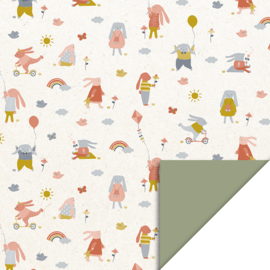 Dubbelzijdig Inpakpapier Sweet bunny - old green 70x 300 cm