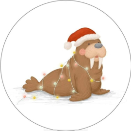 (sluit)sticker walrus met kerstmuts en lichtjes