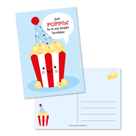 Ansichtkaart just poppin' by to say happy birthday, blauwe popcorn