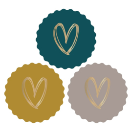 Set van drie  hartjes  (sluit)stickers, multi met goud hart