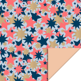 Dubbelzijdig Inpakpapier Big Stars Gold Blue/Fluor Orange - Peach 70x 300 cm