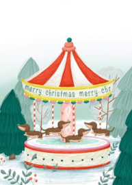 Kaart met teckels in een carroussel, merry christmas
