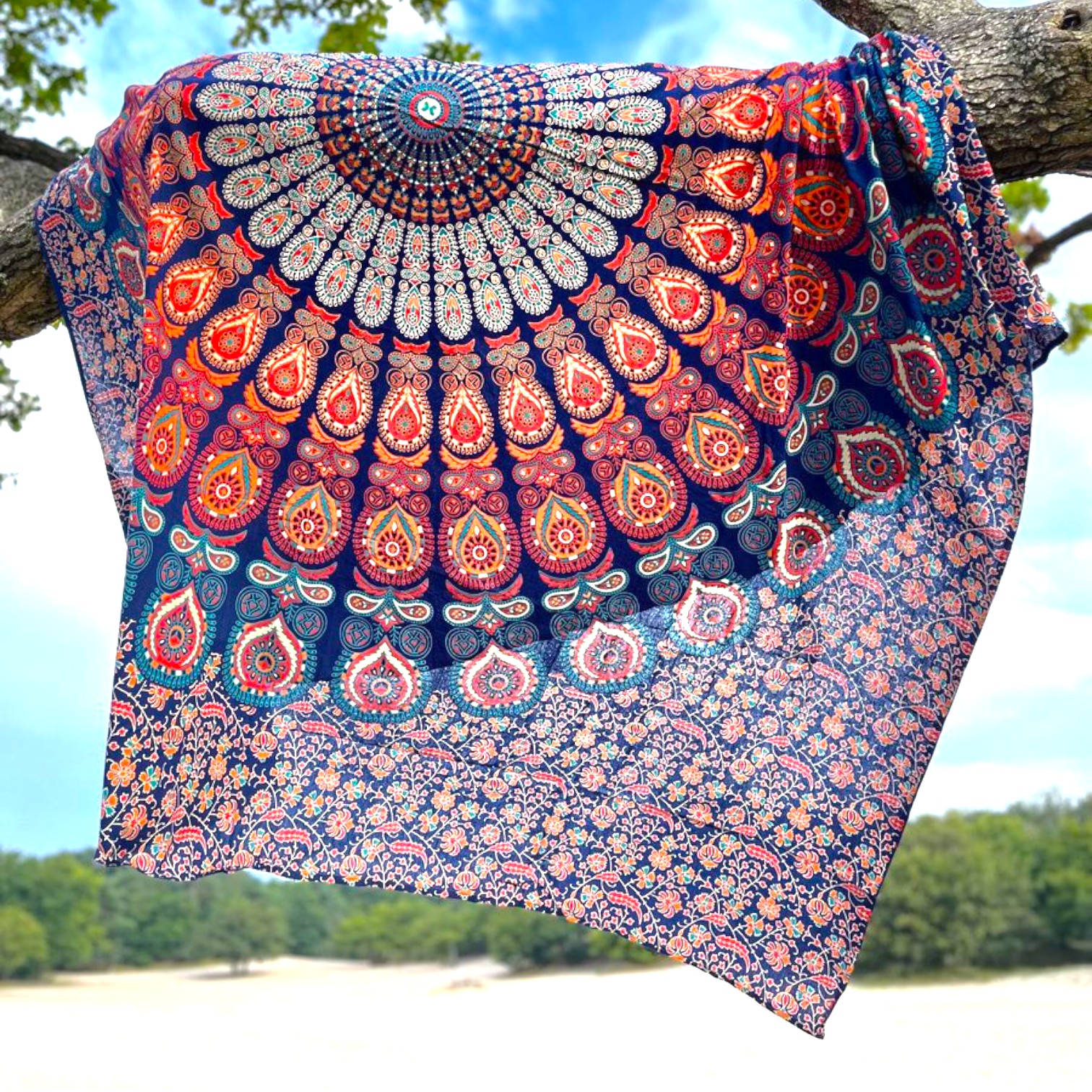 XL Strandlaken - Mandala - Blauw/rood/groen