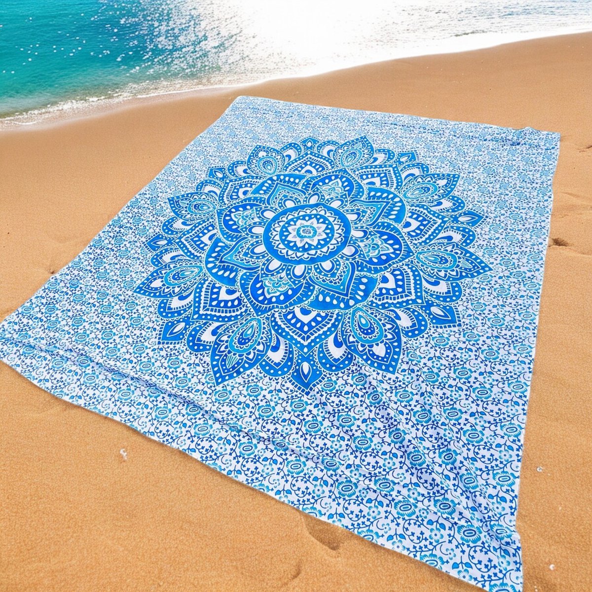 XL Strandlaken - Mandala/Lotus- Blauw/wit