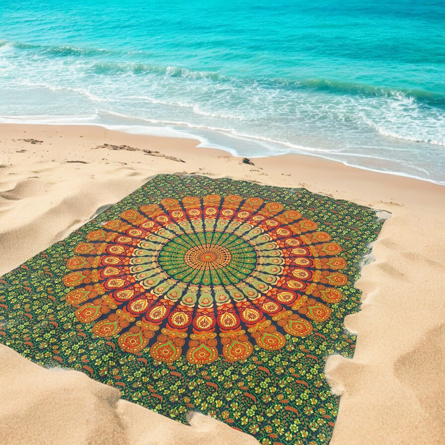 XL Strandlaken - Mandala - Groen/Oranje - 100% Katoen