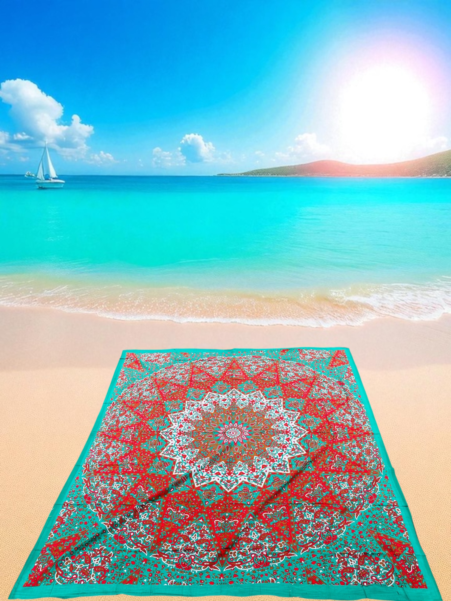 XXL Tweepersoons strandlaken  Turquoise/rood 225x200