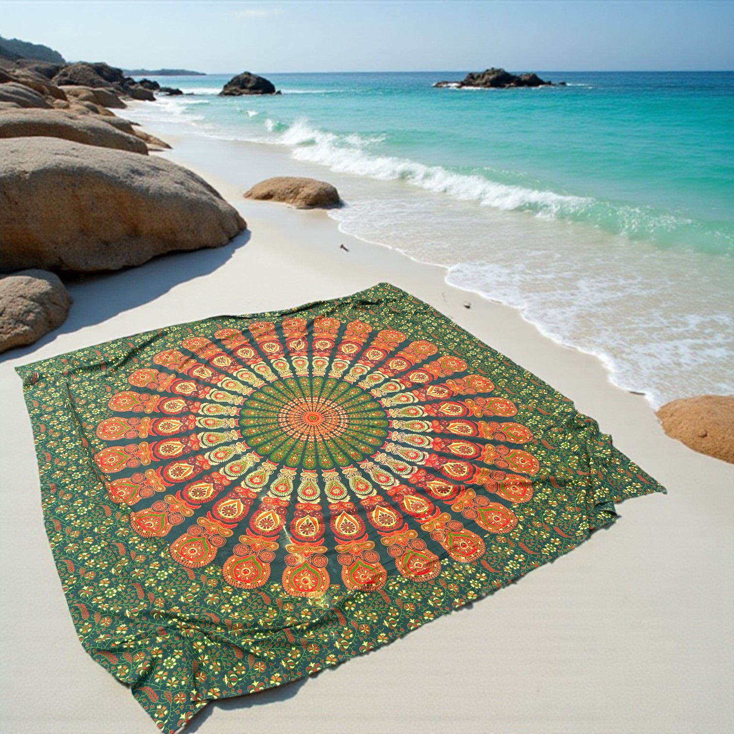 XL Strandlaken - Mandala - Groen/Oranje - 100% Katoen