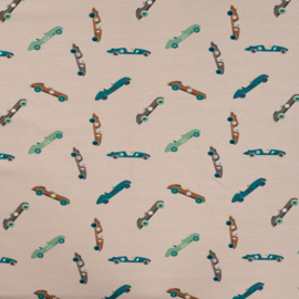 Cotton jersey prints race cars    sand  ART 10348-520