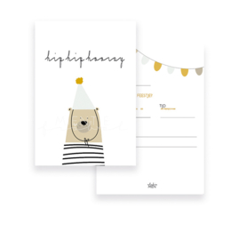 Uitnodiging A6 Hip Hip Hooray Bear Grey/Mint