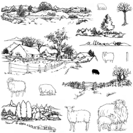 Landschappen  met schapen / Sheep scene-it - clear stempelset - 15 x 20 cm