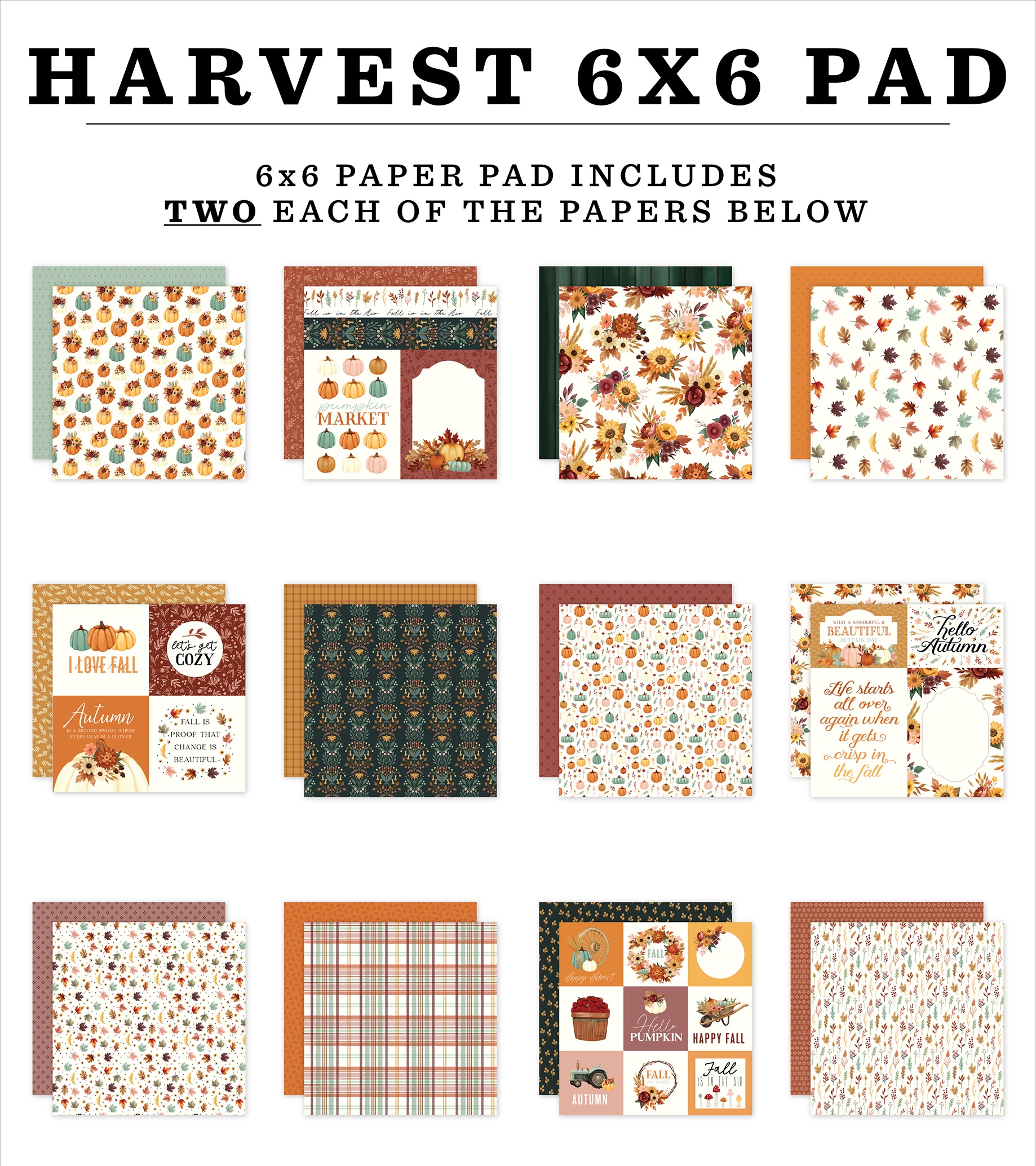 Papierblok Harvest 6x6 – 24 Herfstvellen Vol Bladeren & Pompoenen