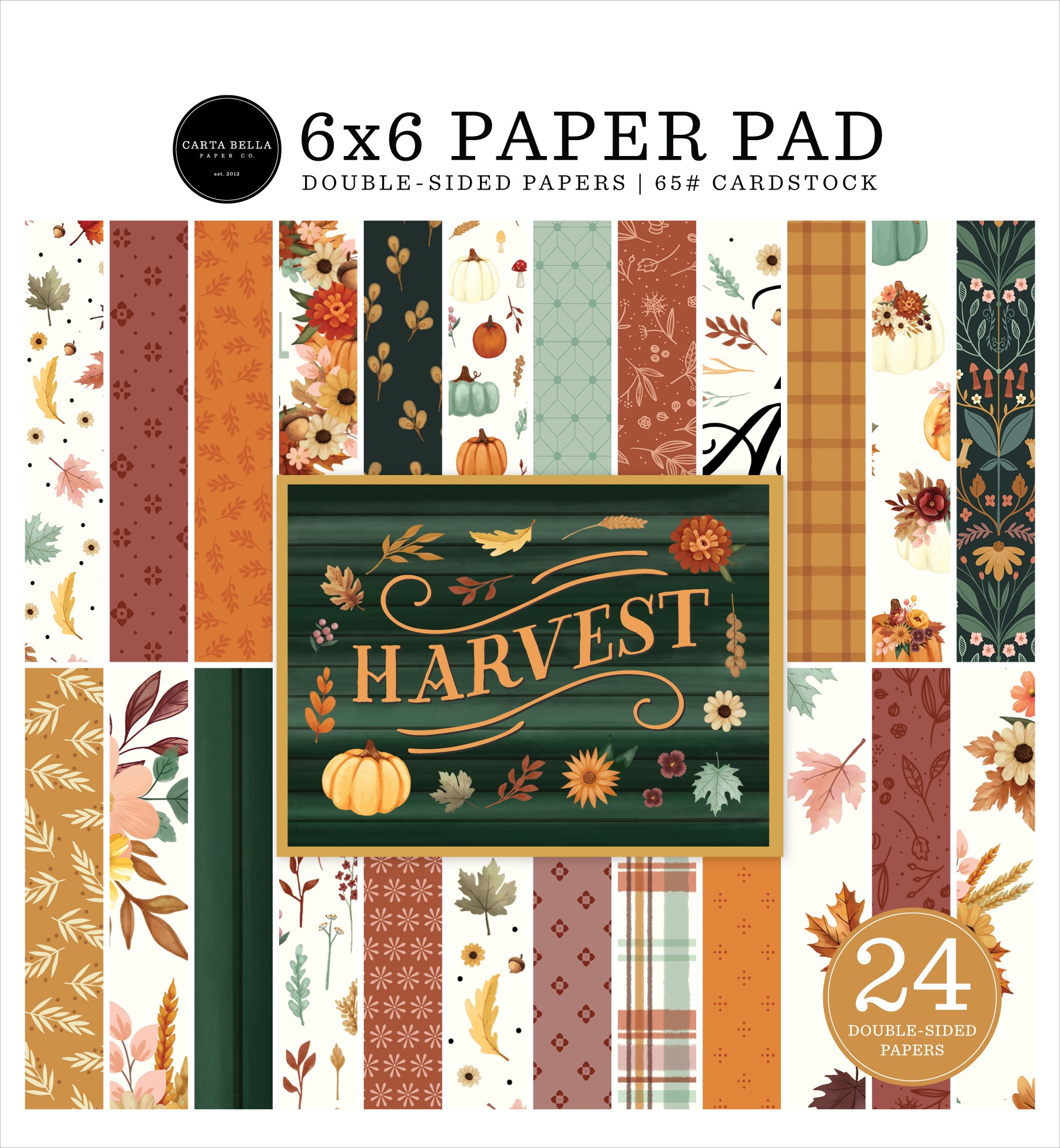 Papierblok Harvest 6x6 – 24 Herfstvellen Vol Bladeren & Pompoenen