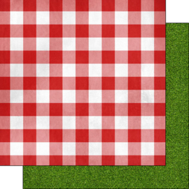 Grasveld papier met picnic kleed op achterzijde - 30.5 x 30.5 cm