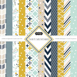 Navy Mustard Scrapbookpapier 15x15 cm – 12 Vellen met Dubbelzijdige Designs