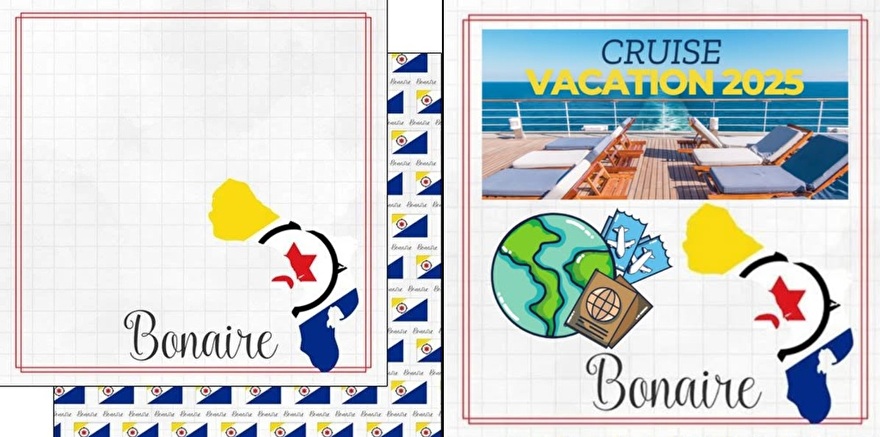 Voorbeeld van een Bonaire-thema scrapbookpagina voor een cruisevakantie in 2025, met landkaart, reisiconen en tekst. Ideaal voor wie wil weten wat scrapbooking is en hoe je ermee begint