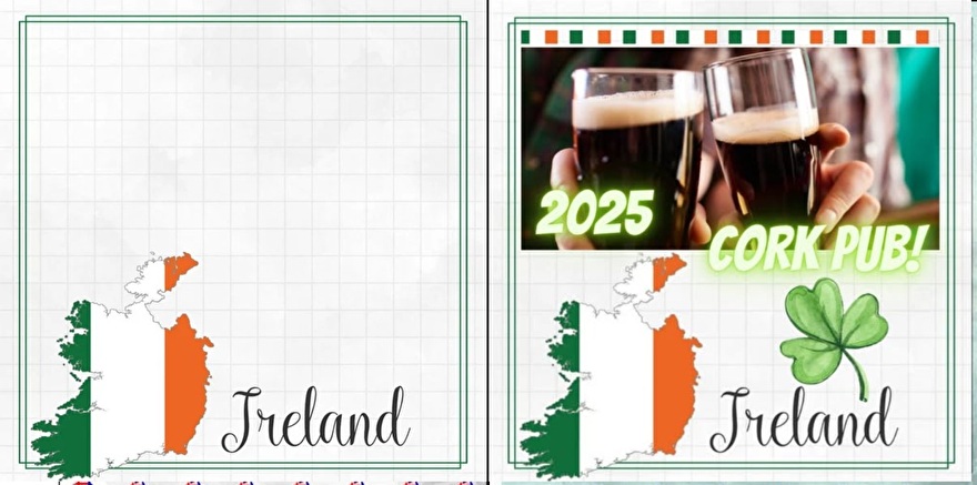 Voorbeeld van een scrapbookpagina over Ierland met de Ierse vlag, een kaart van Ierland, een shamrock en een foto met twee bierglazen in een pub in Cork, 2025