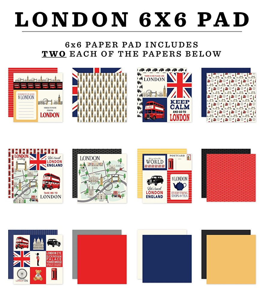 6x6 inch Londen-thema scrapbooking papierblok met diverse ontwerpen zoals de Union Jack, dubbeldekker bussen, Big Ben, telefooncellen en iconische Britse symbolen in rood, blauw en wit. Ideaal voor creatieve projecten, reisdagboeken, kaartmaken en knutselwerk met een Engelse sfeer.