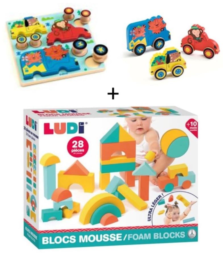 6. Inlegpuzzel voertuigen + zachte constructieblokken