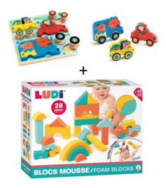 7. Inlegpuzzel voertuigen + zachte constructieblokken