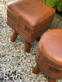 Lederen patchwork krukje rond Cognac