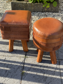 Lederen patchwork krukje rond Cognac