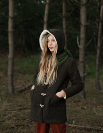 Wool Winter Coat Round Hood & Knitted Cuffs Dusky Brown