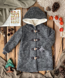 Wool Winter Coat Round Hood & Knitted Cuffs  - Grey 134/140
