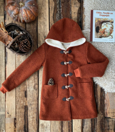 Wool Winter Coat Round Hood & Knitted Cuffs  - Terracotta