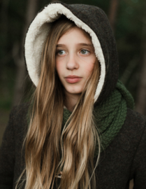 Wool Winter Coat Round Hood & Knitted Cuffs Dusky Brown