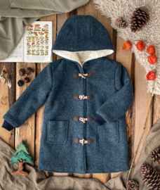 Wool Winter Coat Round Hood & Knitted Cuffs  - Misty Blue