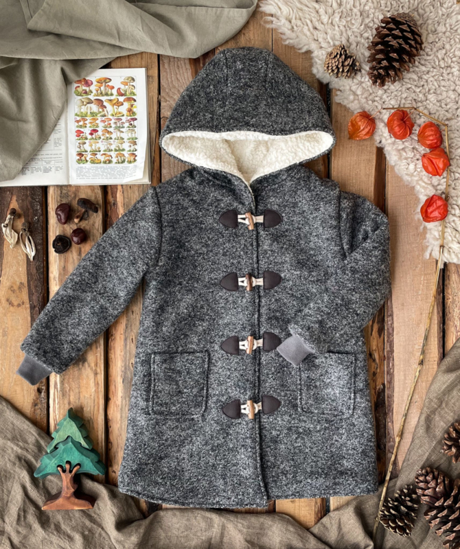 Wool Winter Coat Round Hood & Knitted Cuffs  - Grey