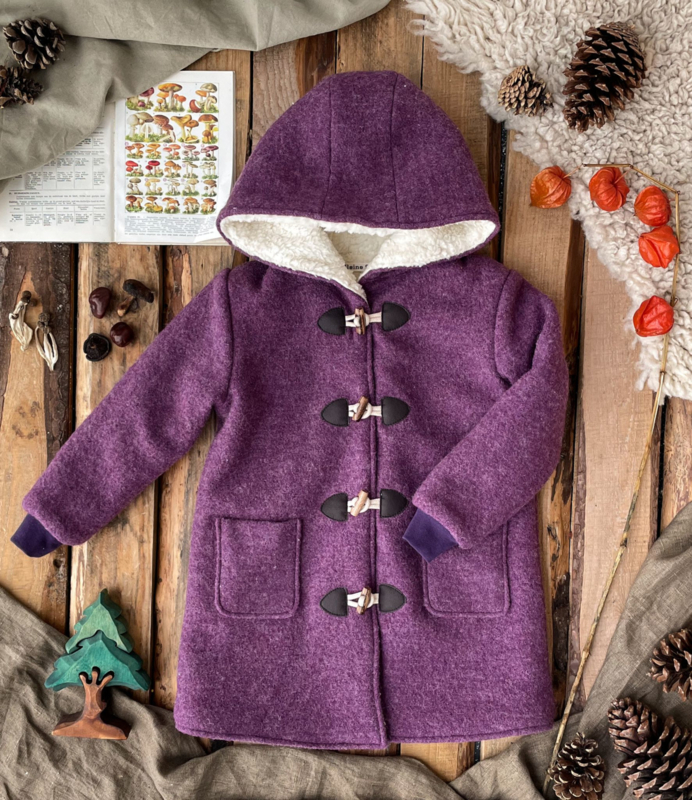 Wool Winter Coat Round Hood & Knitted Cuffs  -Mauve