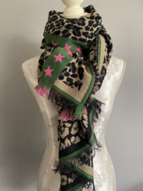 Jacquard geweven luipaard sjaal met tekst en kleur. Groen-roze